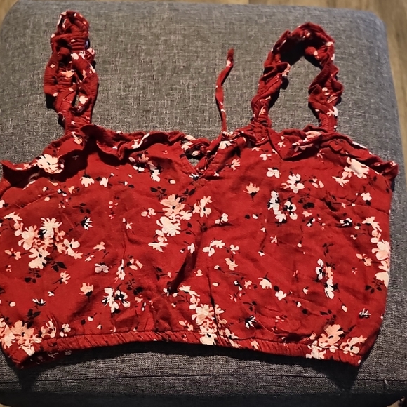 Abercrombie & Fitch Tops - Abercrombie & Fitch Burgundy Floral Crop Top Summer Size Xsmall Ruffles